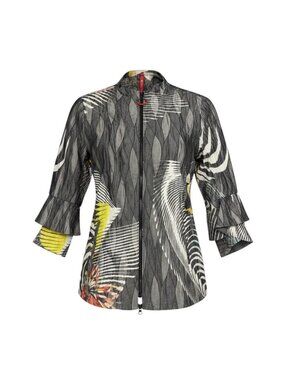 IC Collection Zip-Up Jacket With Ruffled Sleeves - Abstract Print - Womens XL